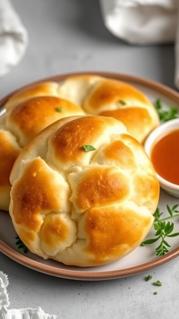 Fluffy golden brown cloud bread on a plate, garnished with herbs and a bowl of sauce.